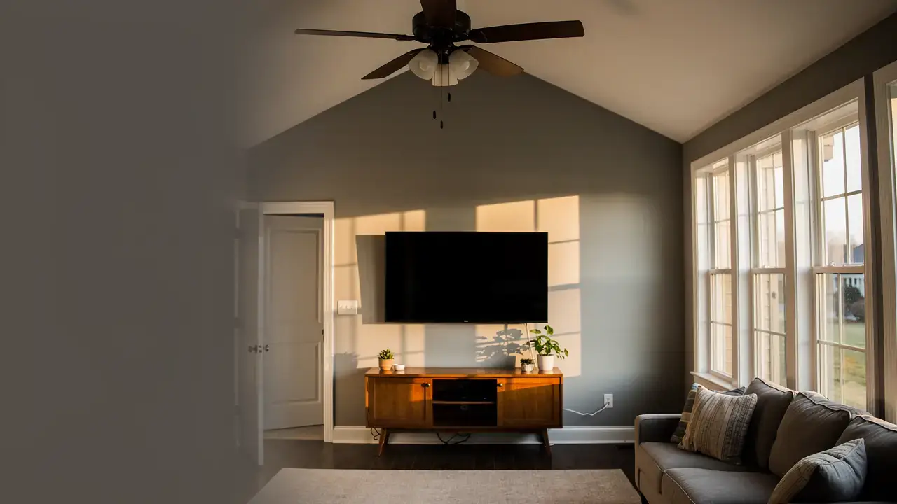 Living room with a bronze ceiling fan with walnut blades above a black TV mounted level over an oak console