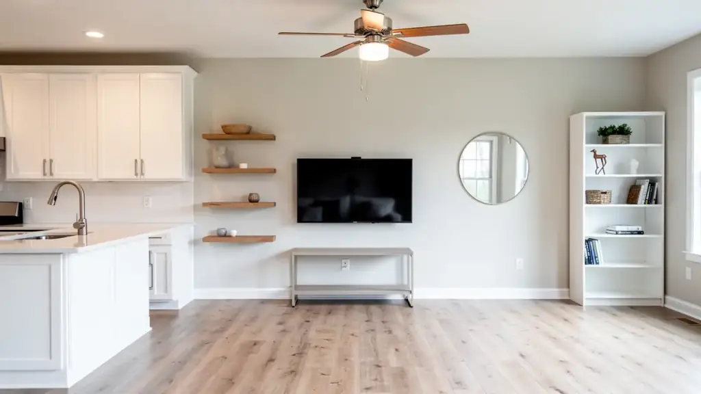 Open-plan kitchen and living room with a gooseneck faucet, ceiling fan, floating oak shelves, a mounted TV, a round mirror and a white bookcase