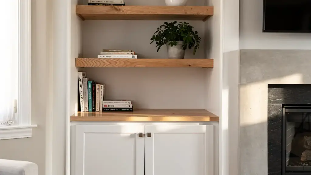 White oak floating shelves over a painted shaker cabinet in an alcove beside a fireplace