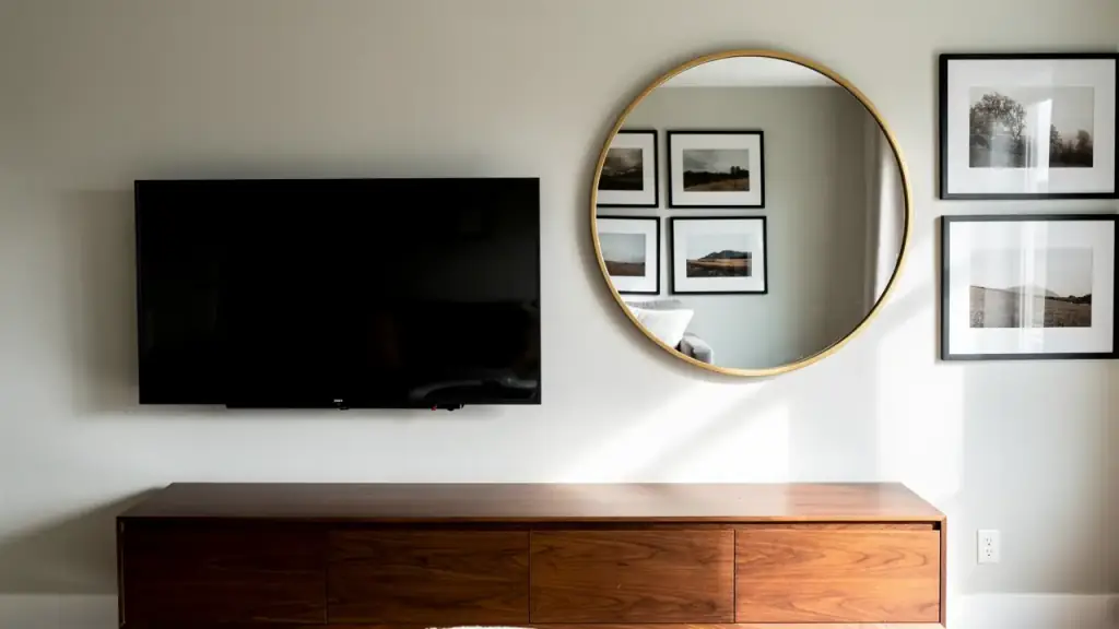 Black TV mounted level over a walnut console beside a brass round mirror and framed prints