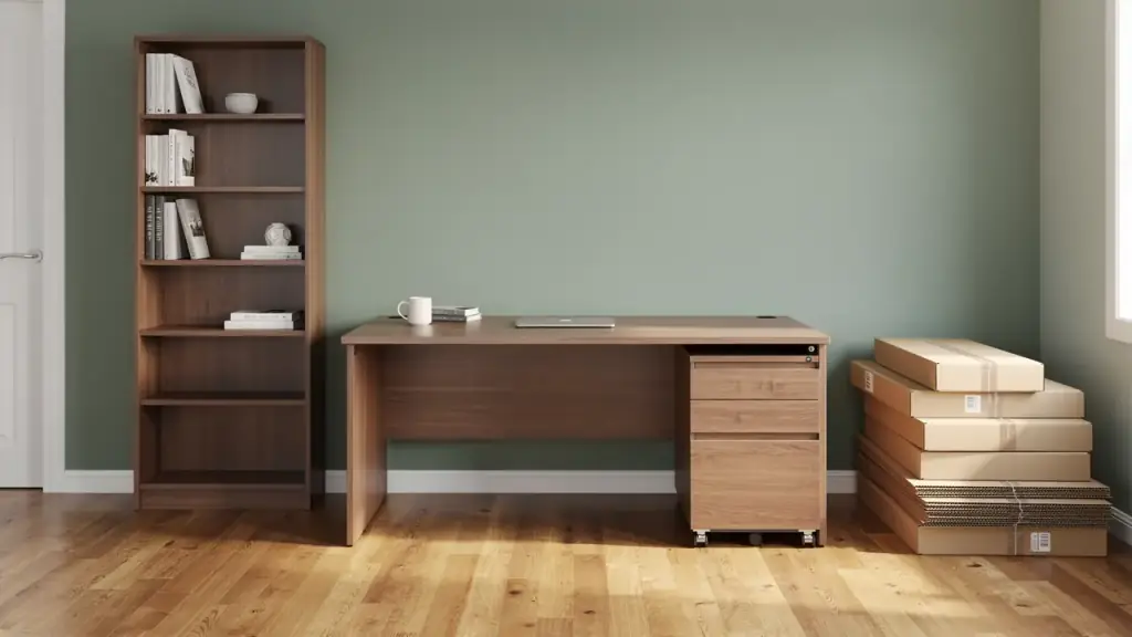 Assembled desk, file cabinet and bookcase against a sage wall with flattened boxes stacked by the door