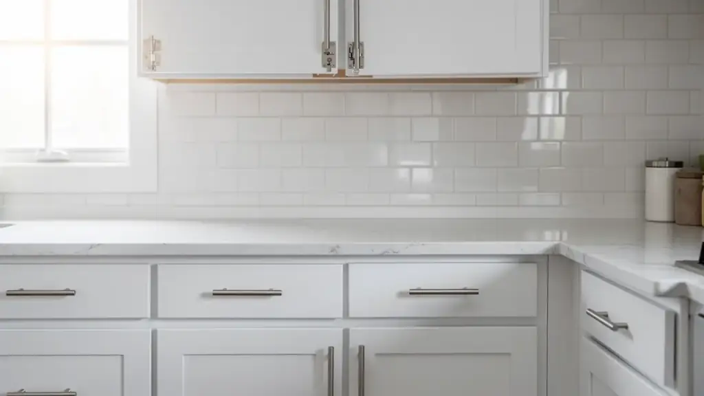 White shaker kitchen cabinets with brushed nickel pulls over a quartz counter and subway tile