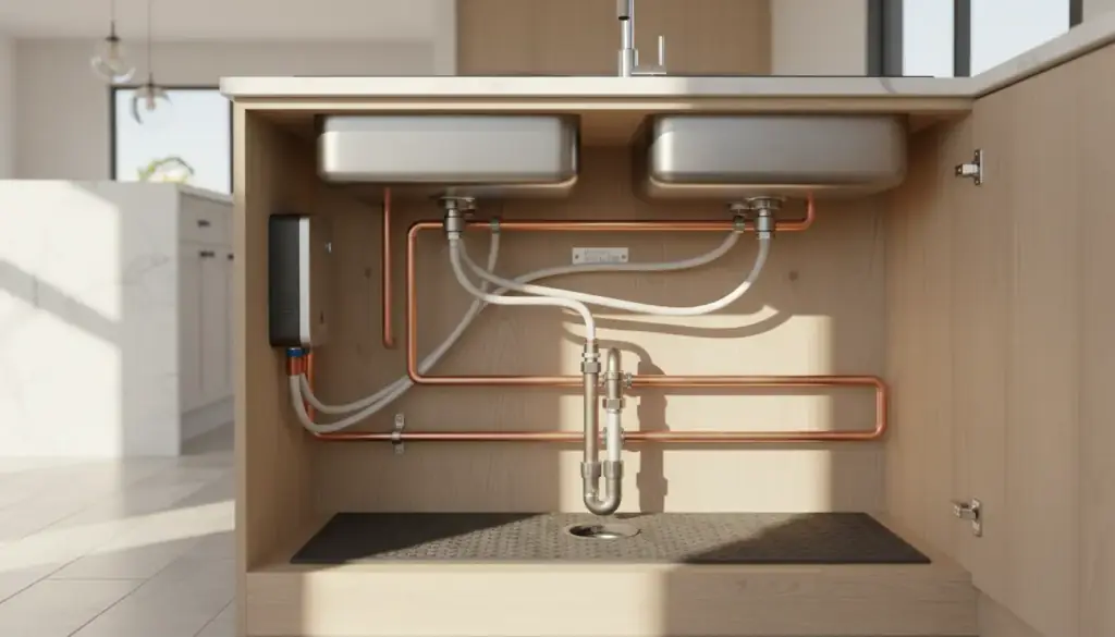 Copper and PEX supply lines and a chrome P-trap under a double stainless sink